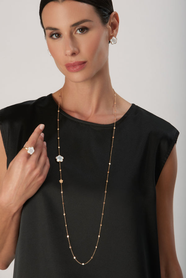 Sautoir, earrings and ring in 18k Rose Gold with MIlky Quartz and Diamonds on model wearing a black t-shirt