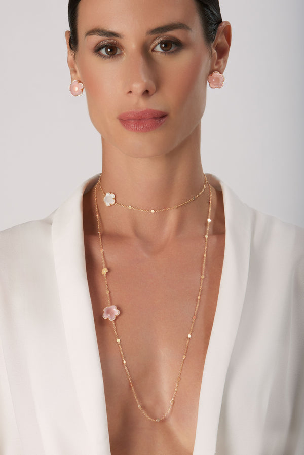 Earrings and Necklace in 18k Rose Gold with Rose Quartz, Milky Quartz and Diamonds on model wearing white dress