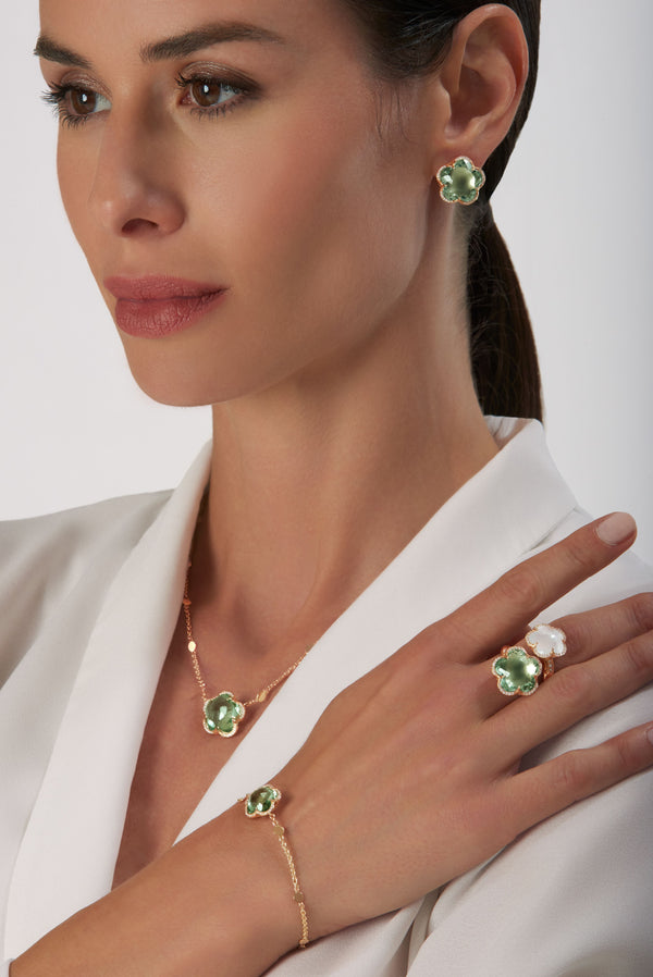 Earrings, bracelet and necklace in 18k Rose Gold with Prasiolite and Diamonds.