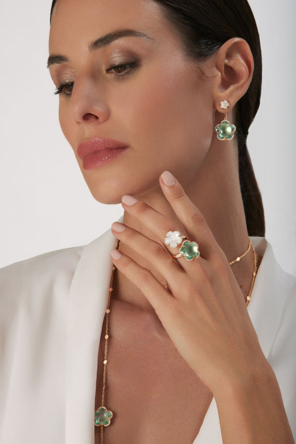 Ring, sautoir and earrings in 18k Rose Gold with Prasiolite, Milky Quartz and Diamonds on model wearing a white dress