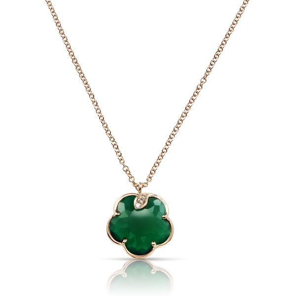 Necklace in 18k Rose Gold with Green Agate and Diamonds.