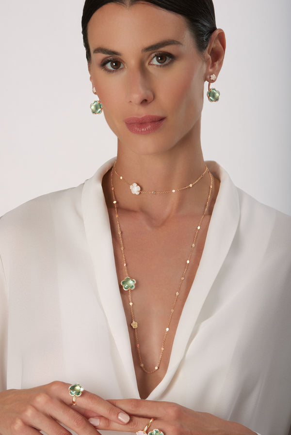 Sautoir and earrings in 18k Rose Gold with Prasiolite, Milky Quartz and Diamonds.