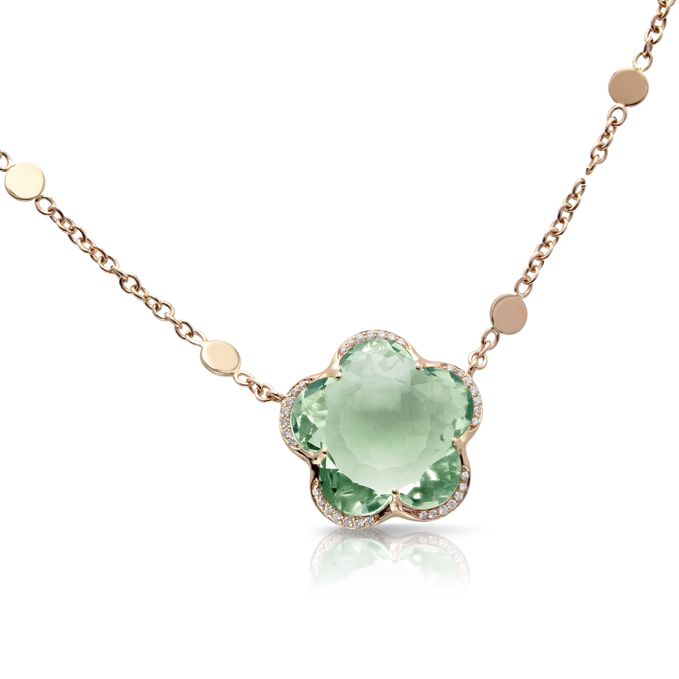 Necklace in 18k Rose Gold with Prasiolite and Diamonds.