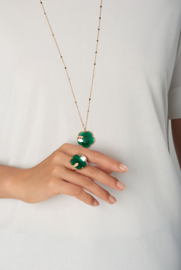 Lariat necklace and ring in 18k rose gold with green agate, white and champagne diamonds on model