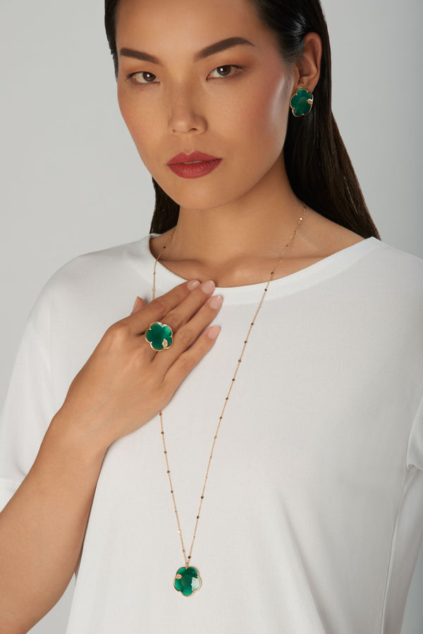 Lariat necklace, ring and earring in 18k rose gold with green agate, white and champagne diamonds on model