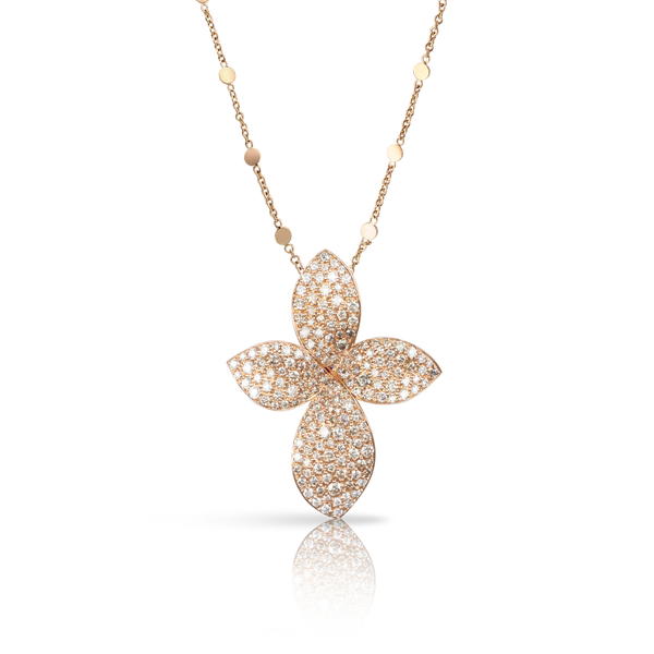 Small Flower Necklace in 18k Rose Gold with White and Champagne Diamonds.