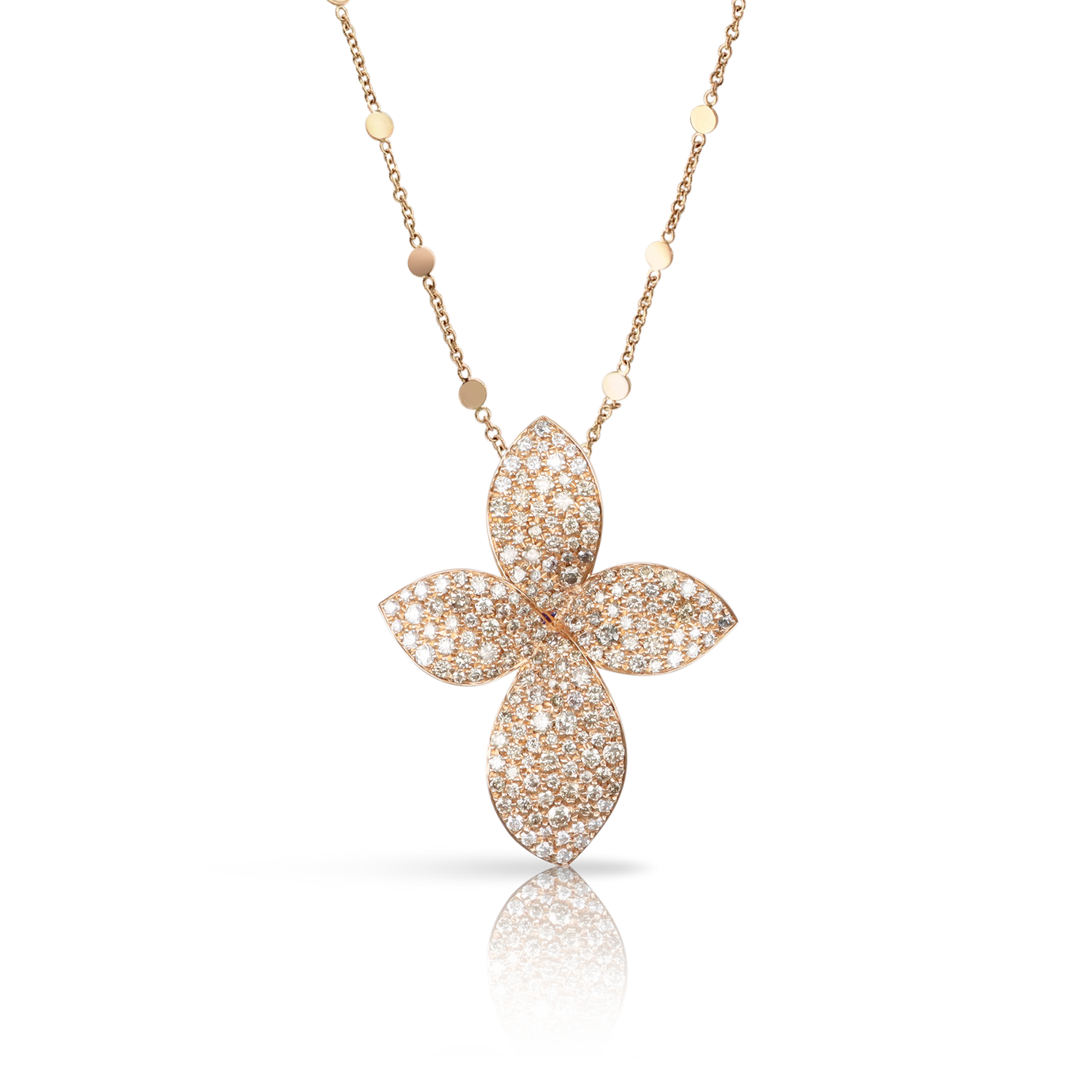 Small Flower Necklace in 18k Rose Gold with White and Champagne Diamonds.