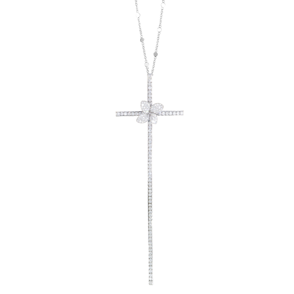 Long Cross Necklace in 18k White Gold with White Diamonds.