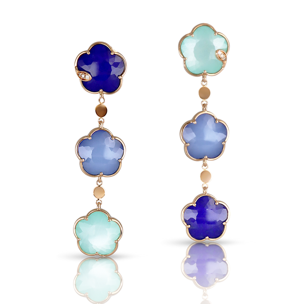 Earrings in 18k Rose Gold with Blue gems and Diamonds.