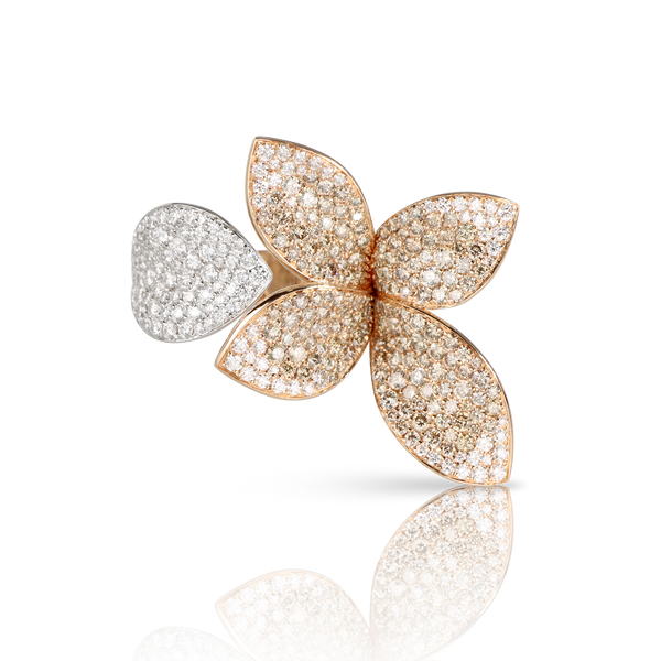 Giardini Segreti Five Leaves Medium Flower Ring in 18k Rose and White Gold with White and Champagne Diamonds.