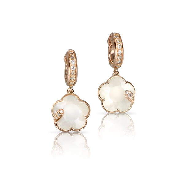 Earrings in 18k Rose Gold with Pearl of the Moon gem and Diamonds.