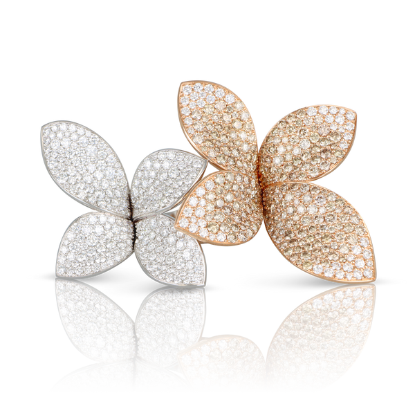 Giardini Segreti Double Flower Ring in 18k Rose and White Gold with White and Champagne Diamonds.