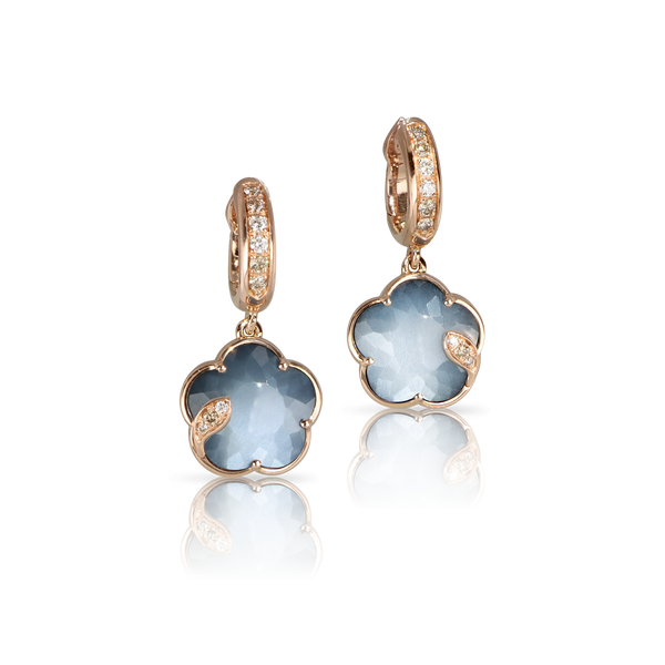 Earrings in 18k Rose Gold with Lunar Night Blue gem and Diamonds.