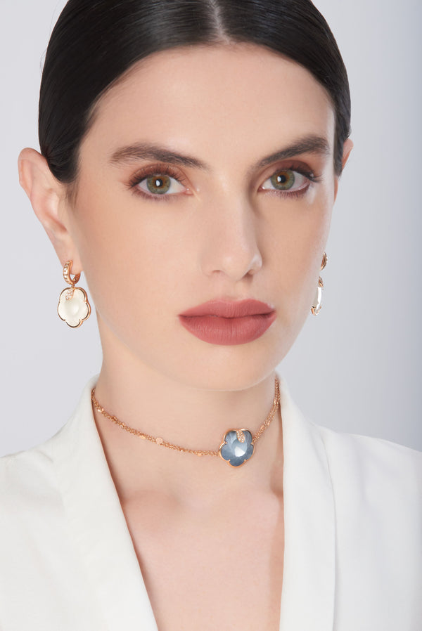 Earrings in 18k Rose Gold with Pearl of The Moon Gem and Diamonds with  choker with Lunar Night Blue Gem and Diamonds on model 