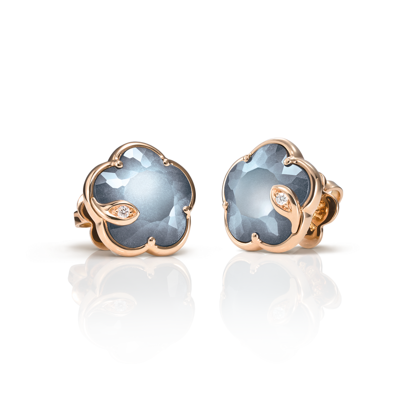 Earrings in 18k Rose Gold with Lunar Night Blue gem and Diamonds.