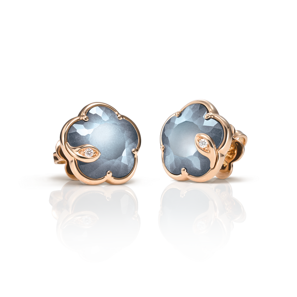 Earrings in 18k Rose Gold with Lunar Night Blue gem and Diamonds.