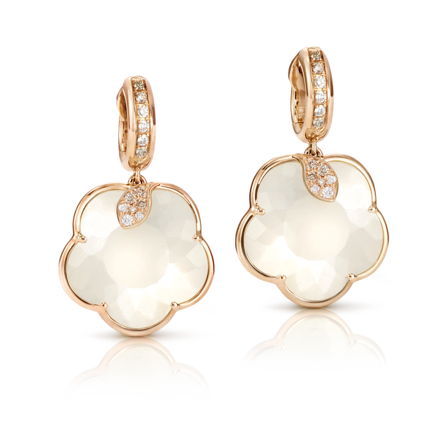 Earrings in 18k Rose Gold with Pearl of The Moon Gem and Diamonds.