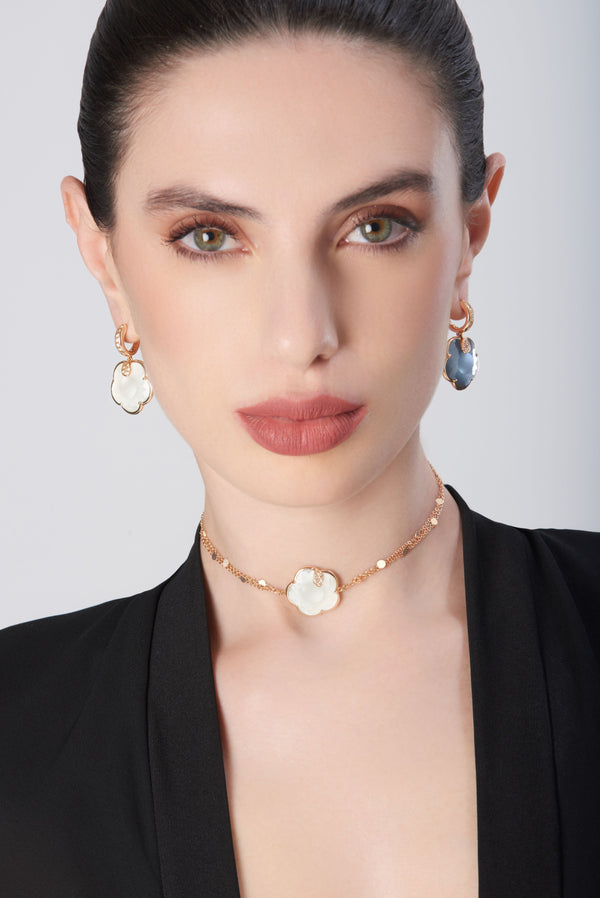 Earring in 18k Rose Gold with Pearl of The Moon Gem and Diamonds with  choker with Lunar Night Blue Gem and Diamonds on model