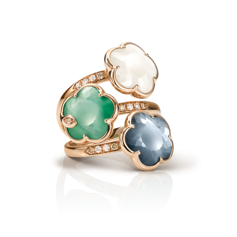 Ring in 18k Rose Gold with Pearl of the Moon Gem, Lunar Garden Gem, Lunar Night Blue Gem and Diamonds.