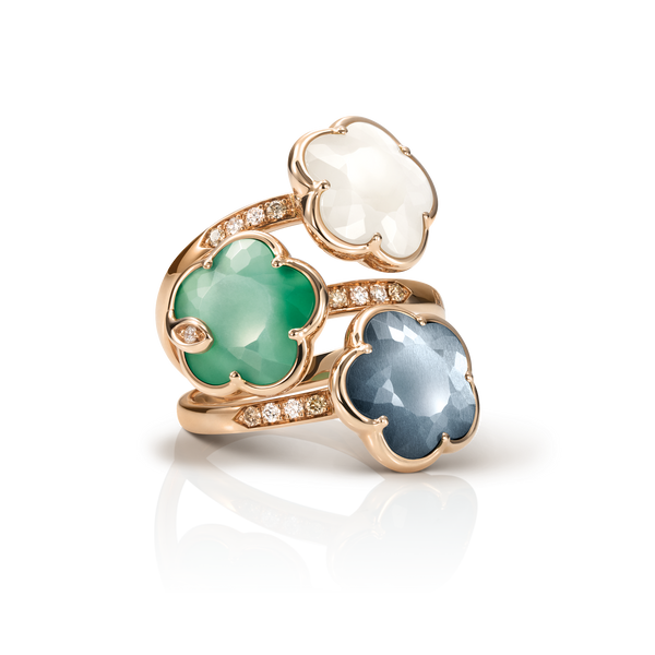 Ring in 18k Rose Gold with Pearl of the Moon Gem, Lunar Garden Gem, Lunar Night Blue Gem and Diamonds.