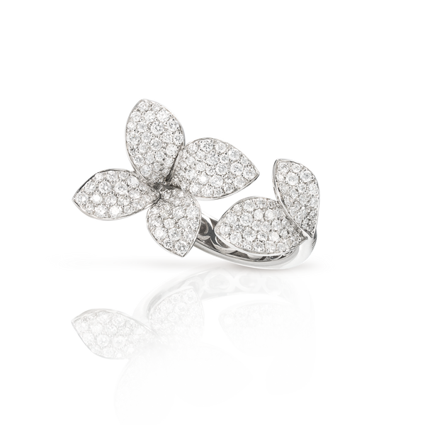 Giardini Segreti Six Leaves Small Flower Ring in 18k White Gold with White Diamonds.