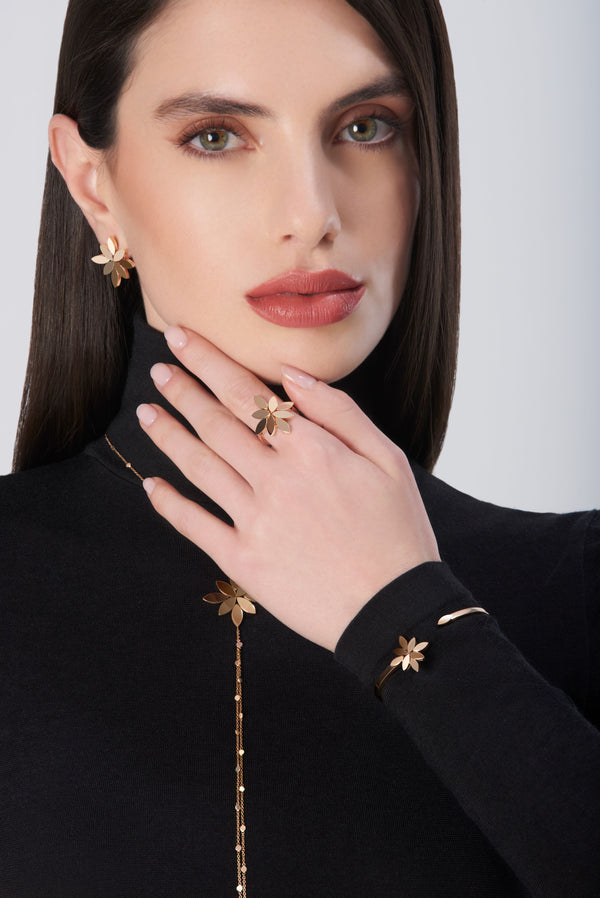 Bracelet, earrings, ring in 18k Rose Gold on model wearing black turtleneck