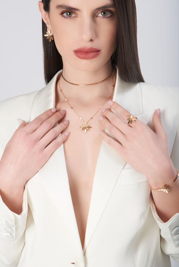 Necklace, Ring, Bracelet, Earrings in 18k Rose Gold on model wearing a white jacket