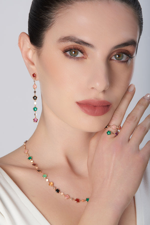 Dangle earrings, necklace, and ring in 18k Rose Gold with coloured gemstones and White Diamonds on model