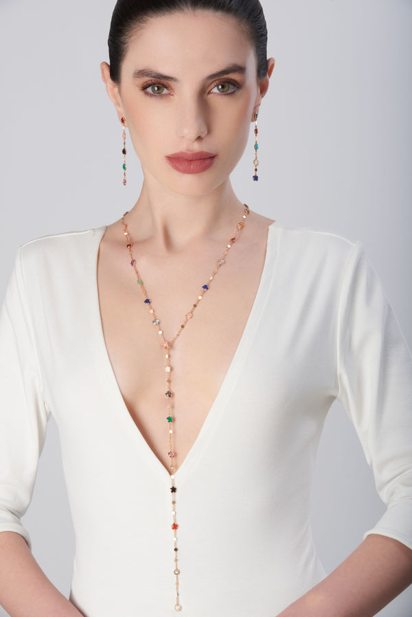 Sautoir in 18k rose gold with gemstones and diamonds, matching dangle earrings on model