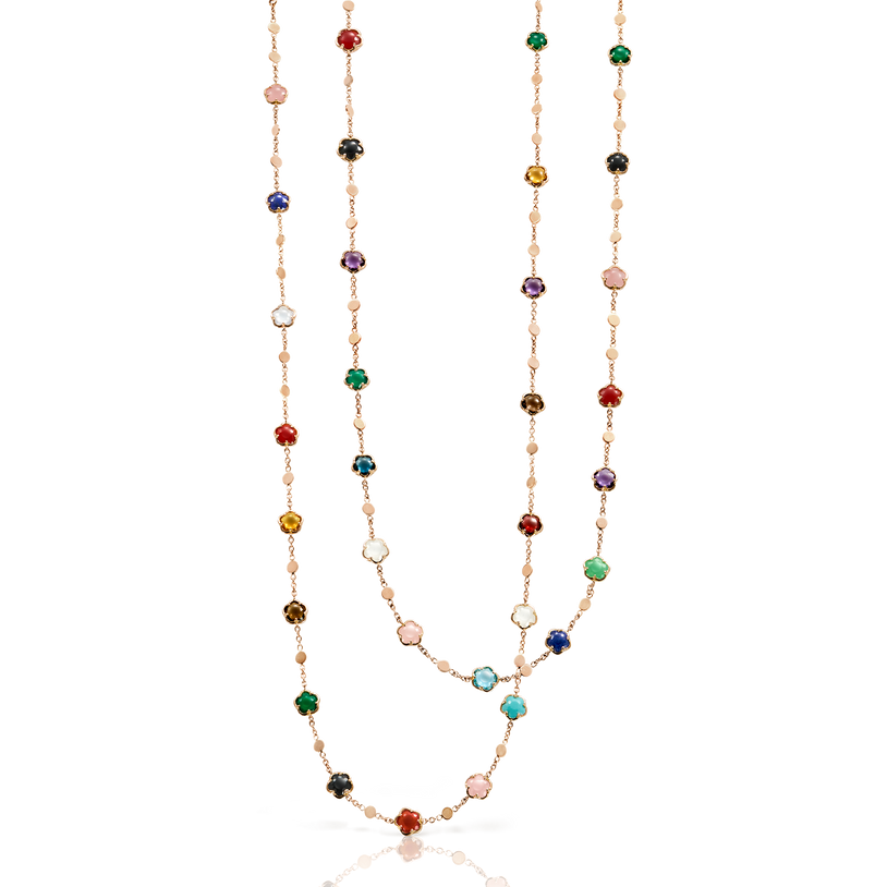Sautoir in 18k Rose Gold with coloured gemstones and Diamonds.