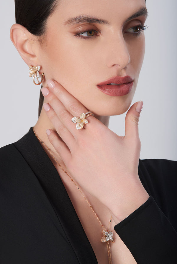 Petit garden libellule earrings, ring, and necklace in 18k Rose and White Gold with White and Champagne Diamonds
