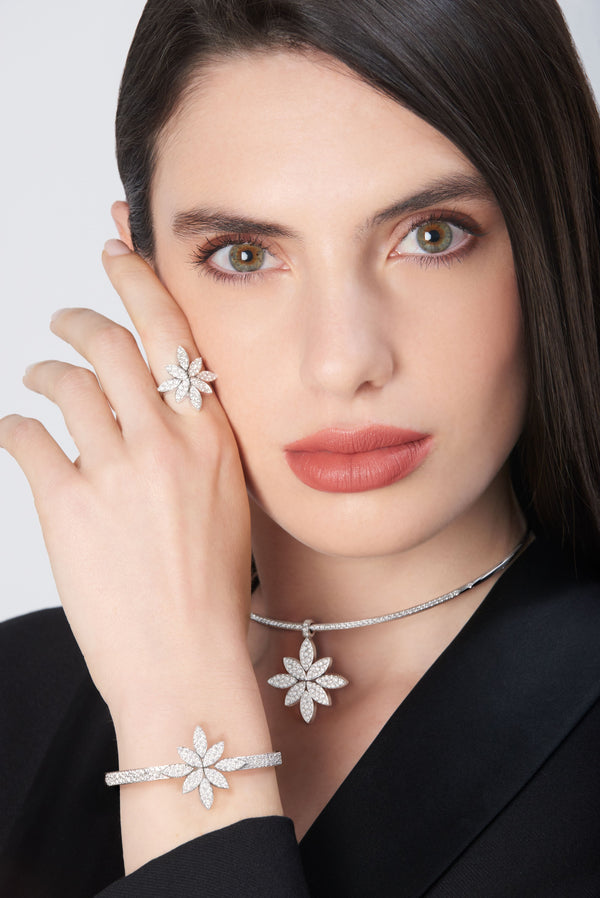 Bracelet, Ring and Choker in 18k White Gold with White Diamonds on model wearing black jacket