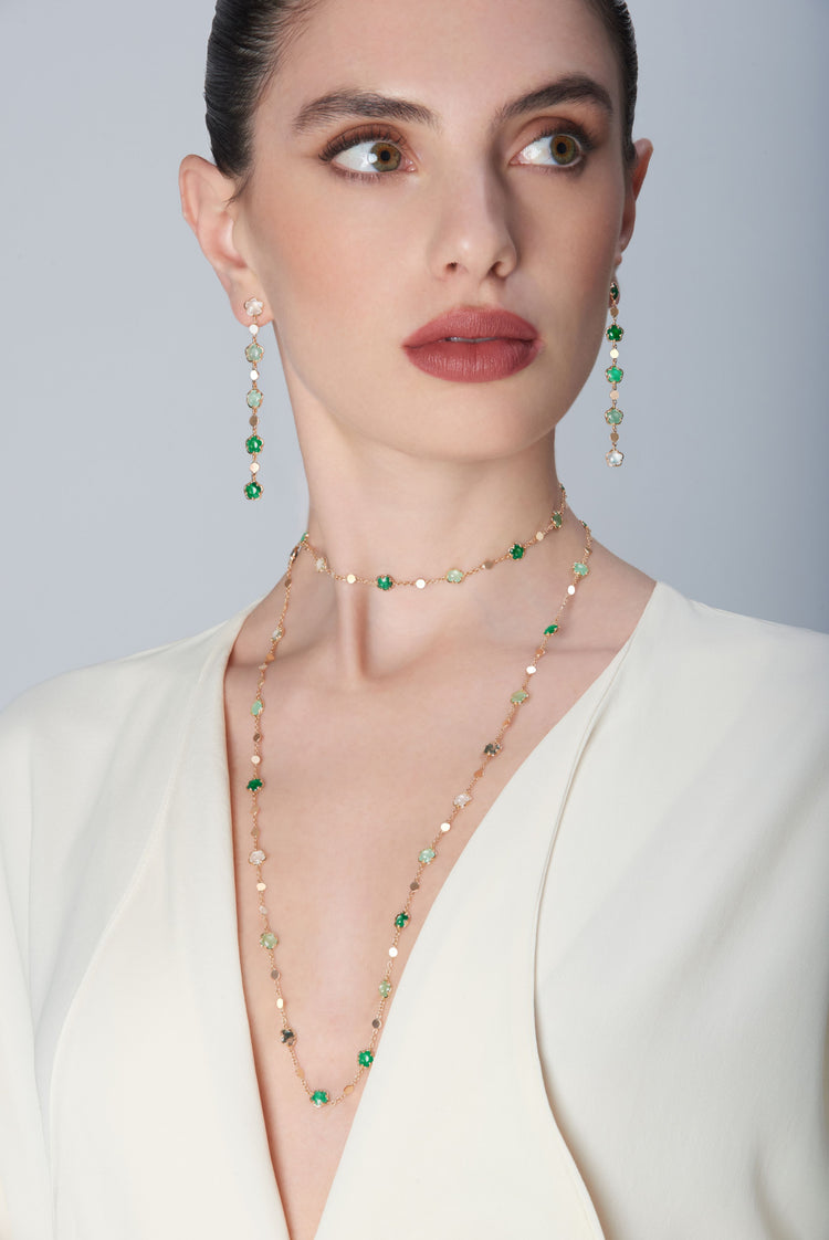 Necklace in 18k Rose Gold with Green Gems and Diamond.