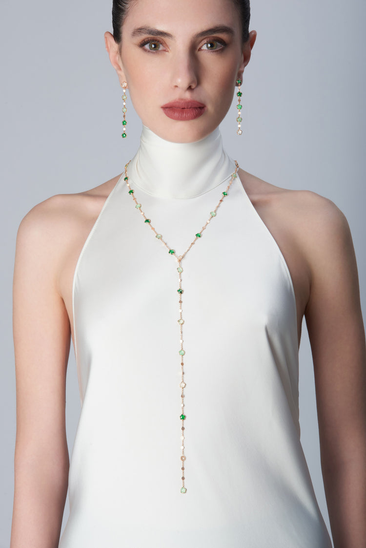 Necklace in 18k Rose Gold with Green Gems and Diamond.