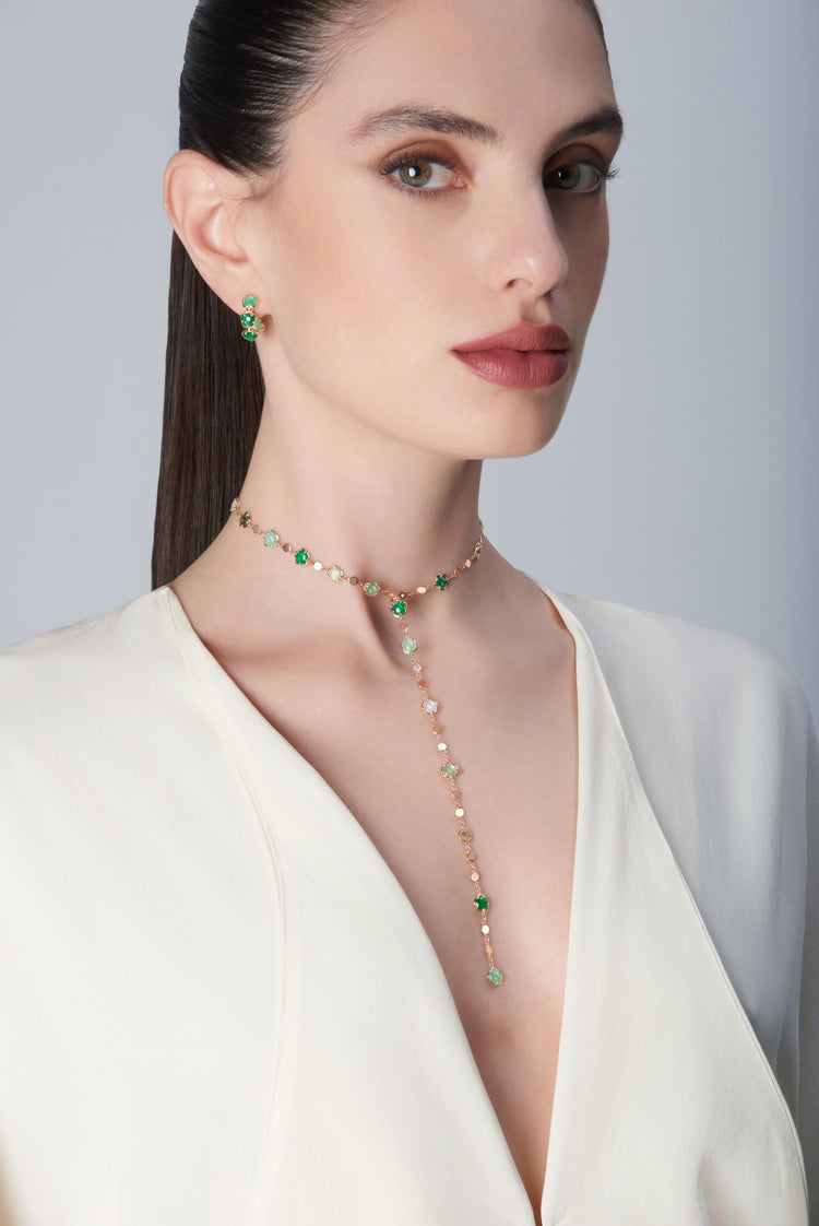 Earrings and necklace in 18k Rose Gold with green gems and Diamond.