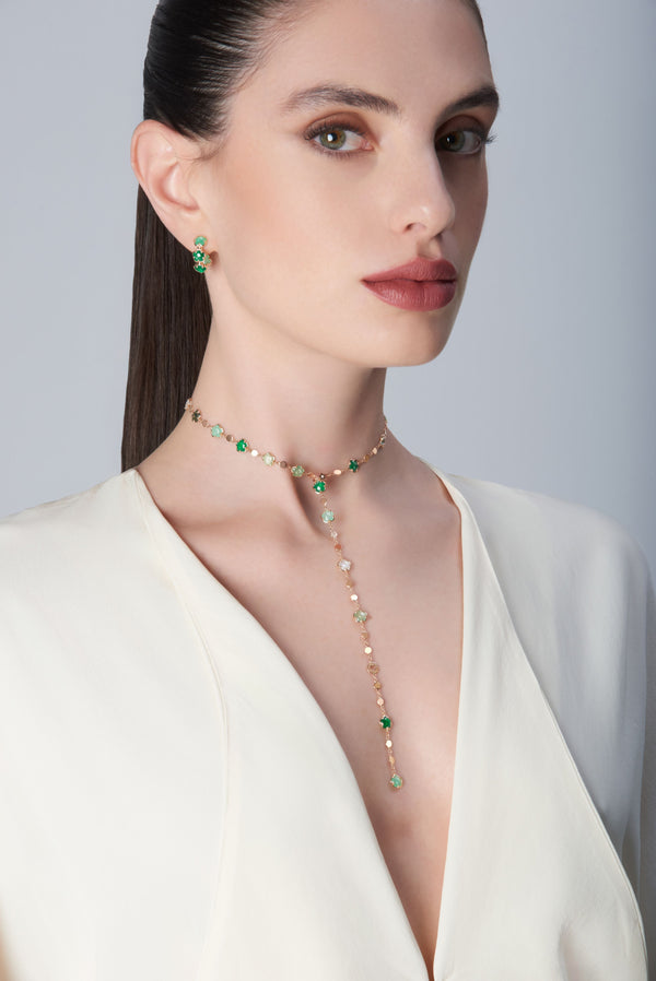 Earrings and necklace in 18k Rose Gold with green gems and Diamond.