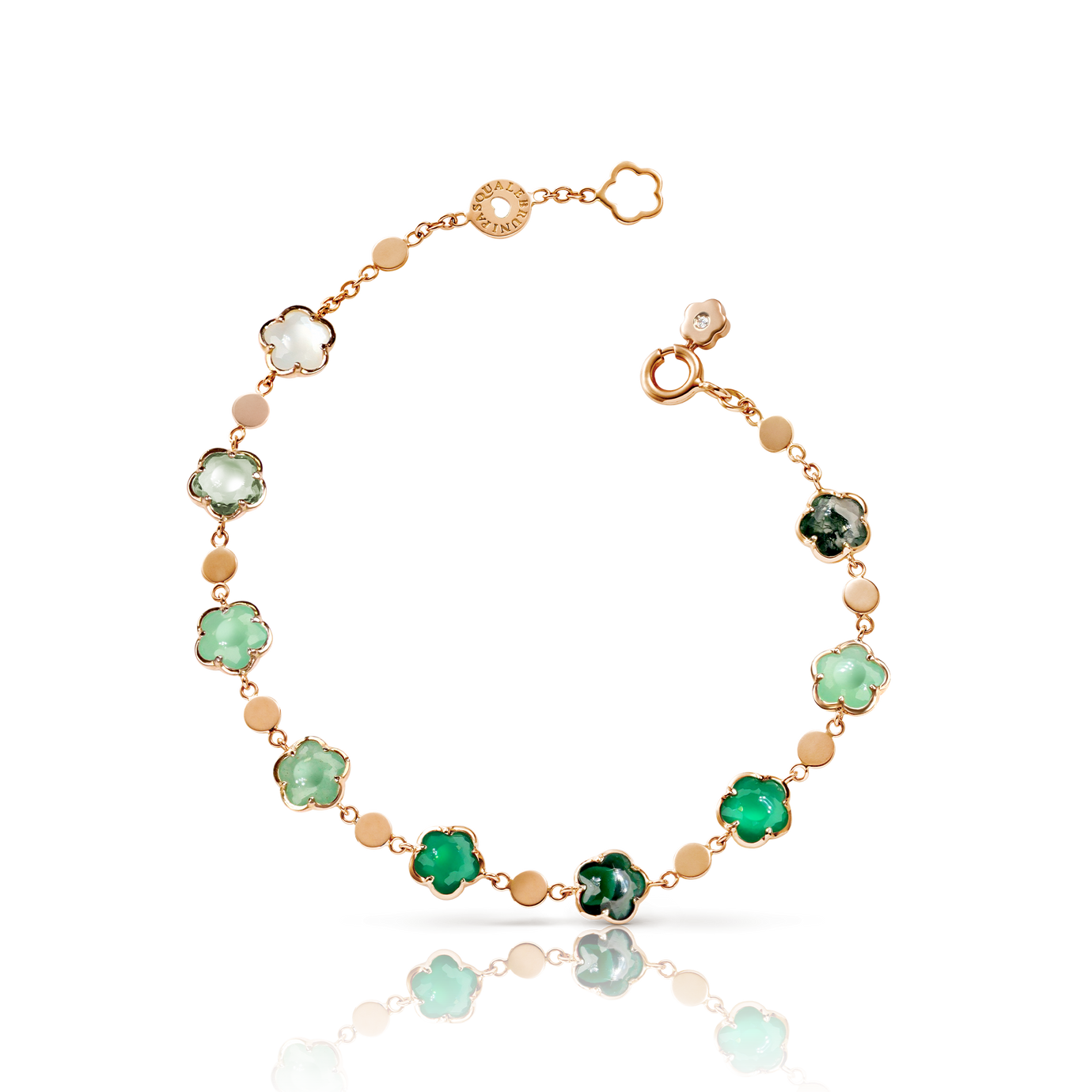 Bracelet in 18k Rose Gold with green gemstones.