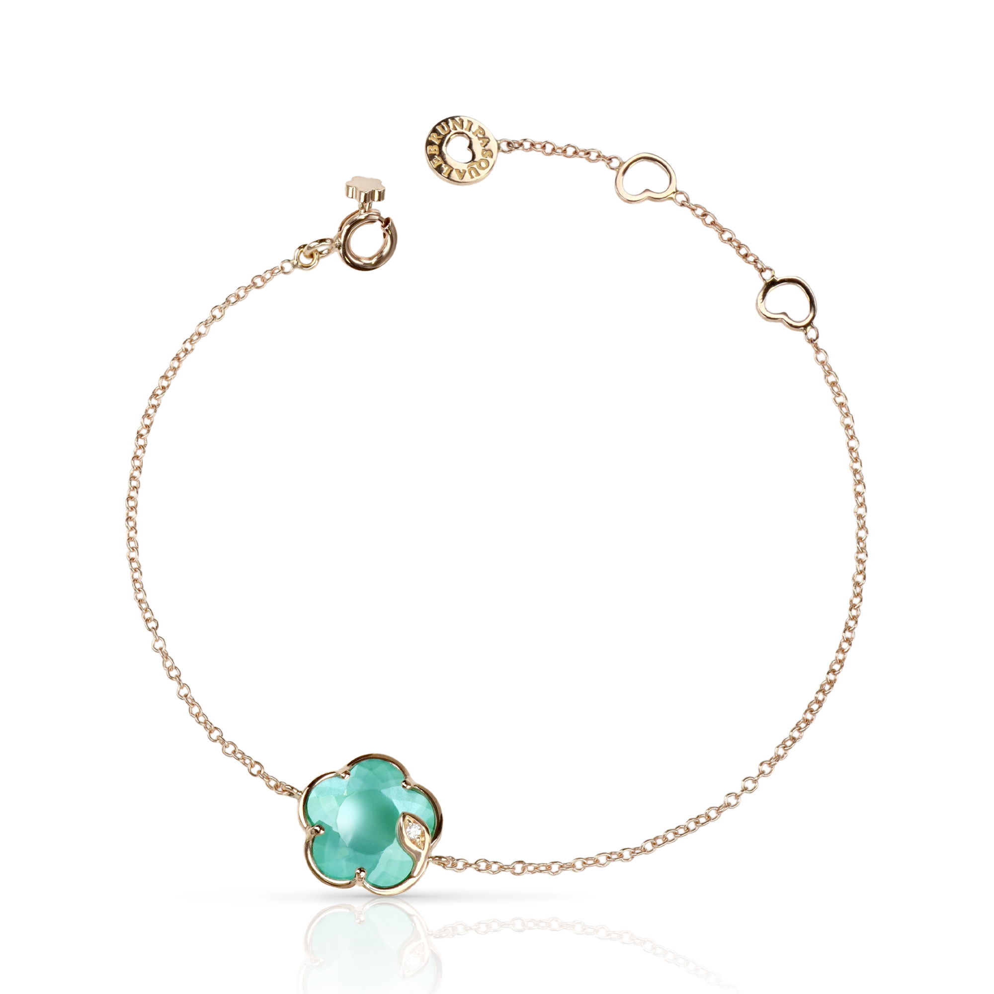 Bracelet in 18k Rose Gold with Lunar
Garden Gem made of
Green Agate and White
Moonstone with Diamond.
