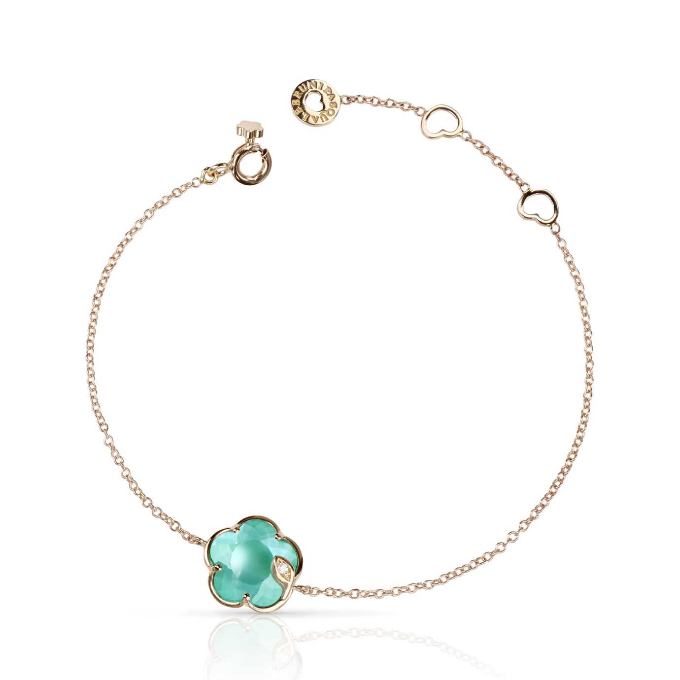 Bracelet in 18k Rose Gold with Lunar
Garden Gem made of
Green Agate and White
Moonstone with Diamond.