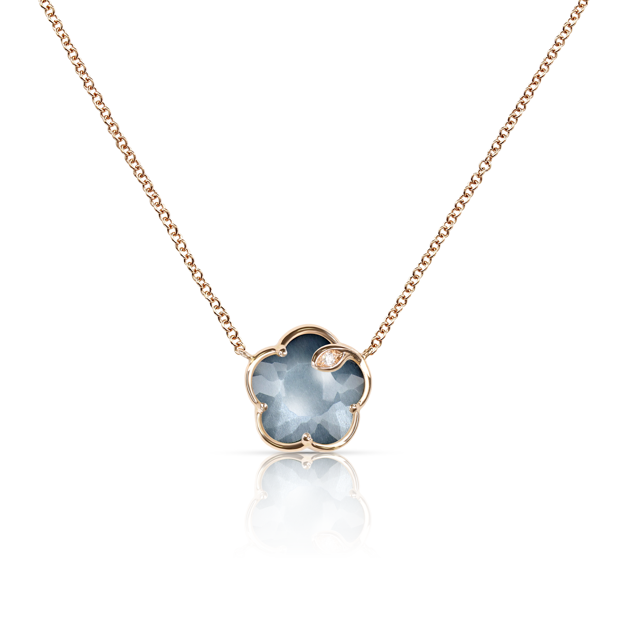 Necklace in 18k Rose Gold with Lunar Night  Blue Gem made of Onyx and
White Moonstone with Diamond