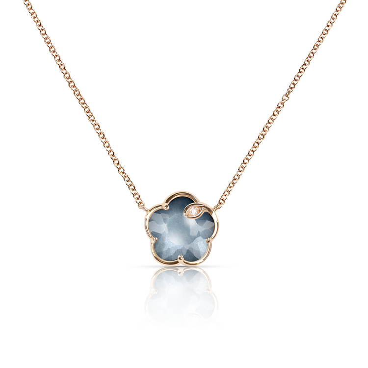 Necklace in 18k Rose Gold with Lunar Night  Blue Gem made of Onyx and
White Moonstone with Diamond