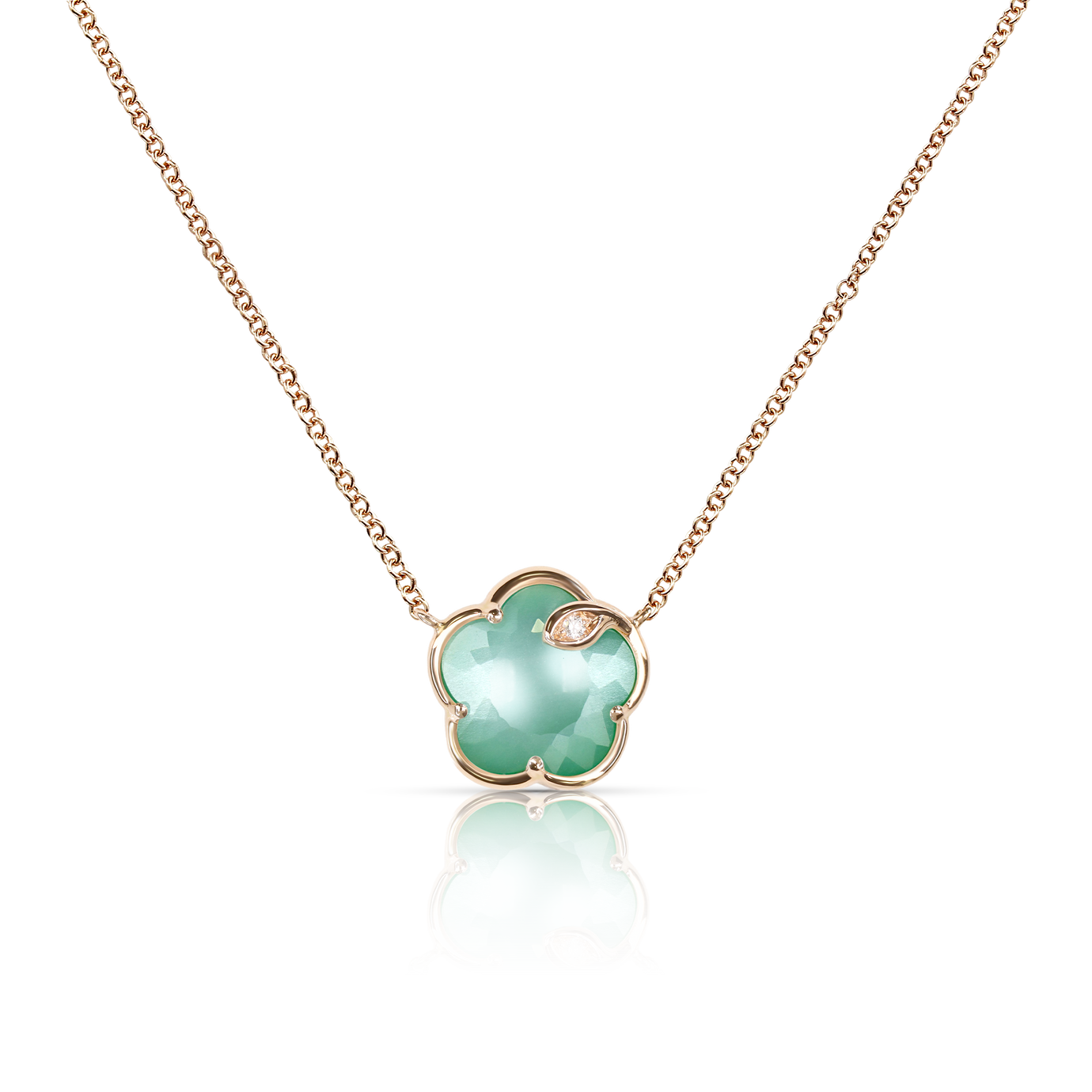 Necklace in 18k Rose Gold with Lunar
Garden Gem made of
Green Agate and White
Moonstone with Diamond.