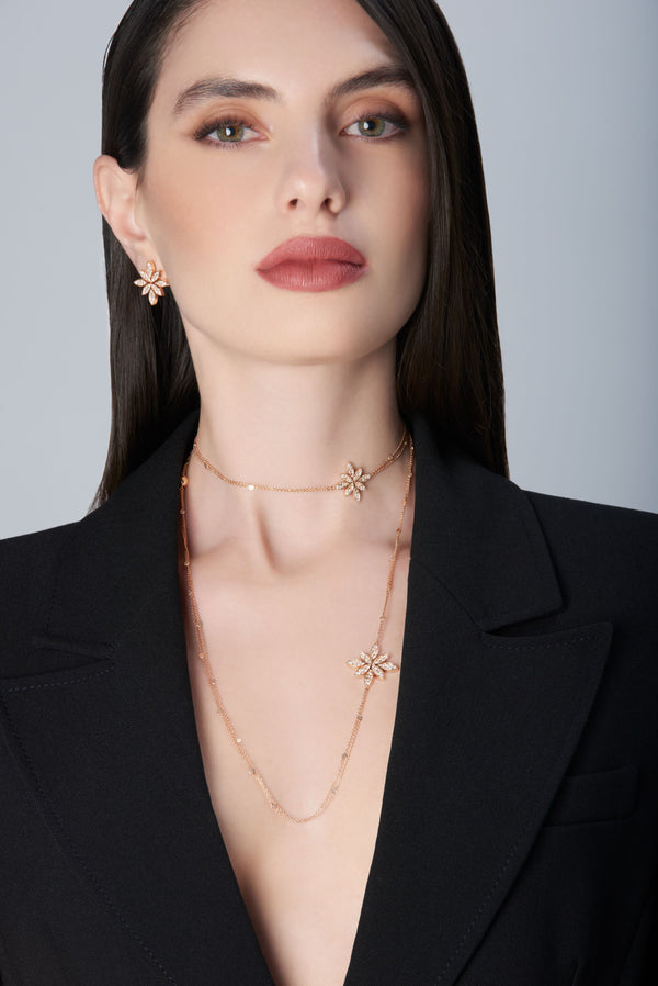 Model wearing a black jacket and Sautoir and earrings in 18k Rose Gold with Diamonds