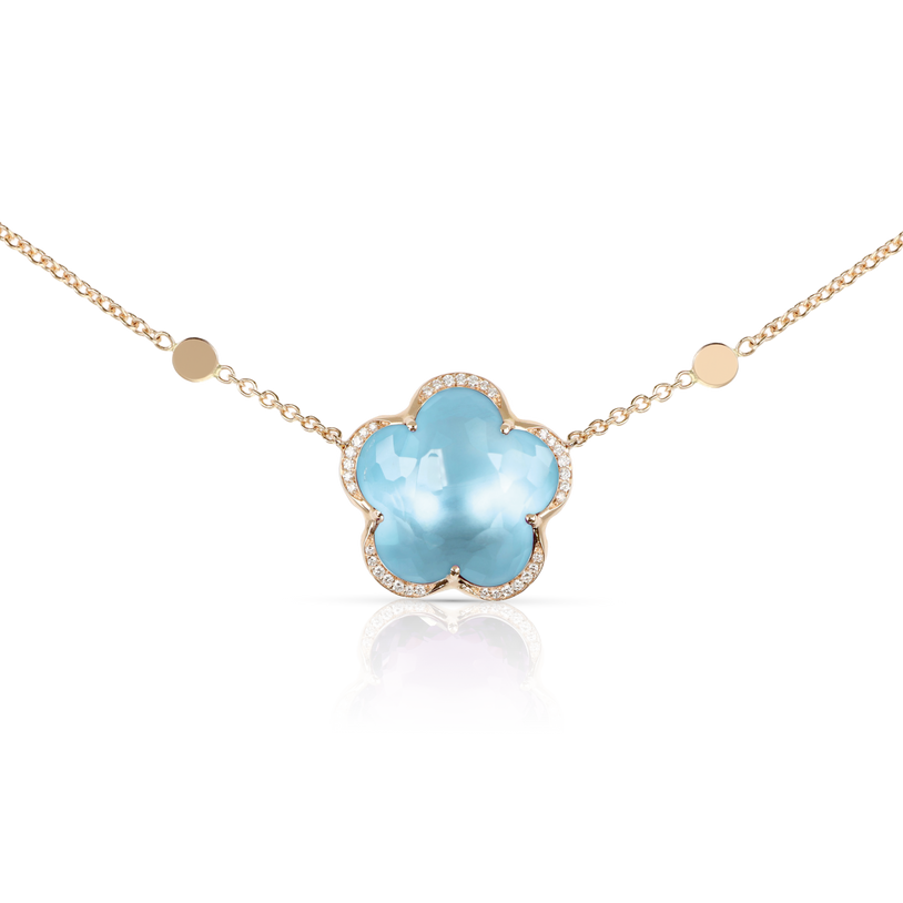 Necklace in 18k Rose Gold with Blue Topaz and diamond.