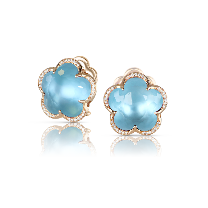 Earrings in 18k Rose Gold with Blue Topaz and diamond.