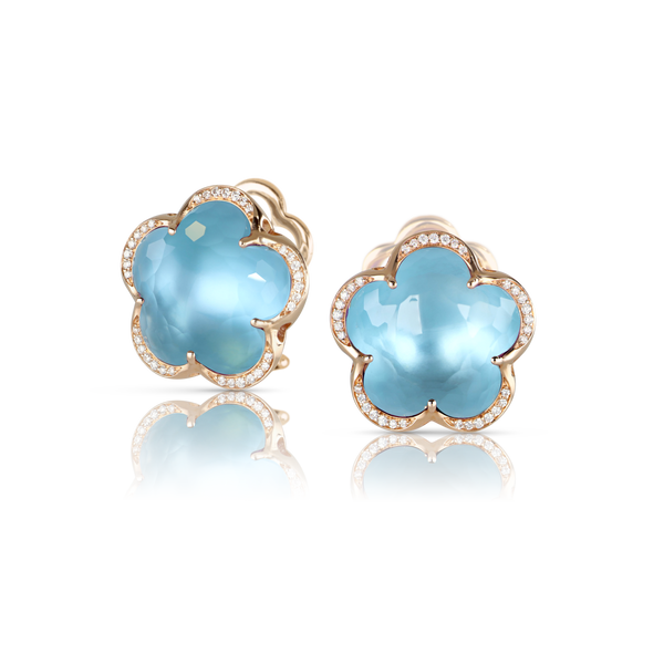 Earrings in 18k Rose Gold with Blue Topaz and diamond.