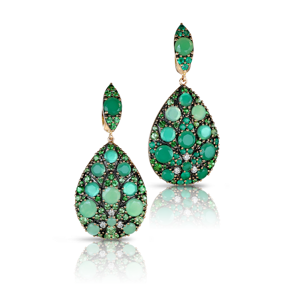 Earrings in 18k Rose Gold with diamonds and green gemstones