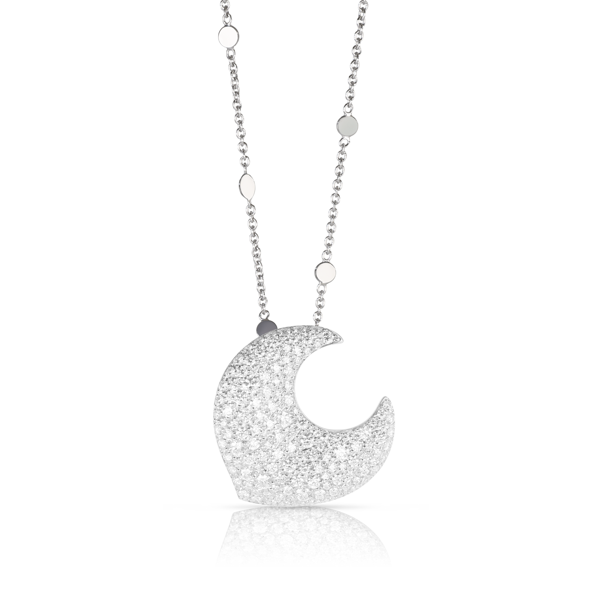 Necklace with moon pendant in 18k white gold and diamonds.