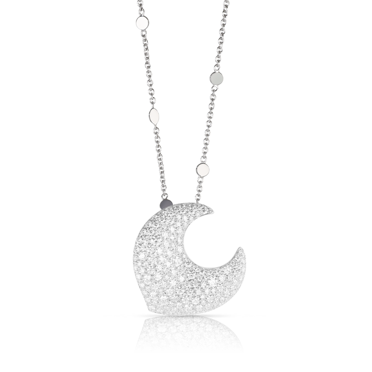 Necklace with moon pendant in 18k white gold and diamonds.