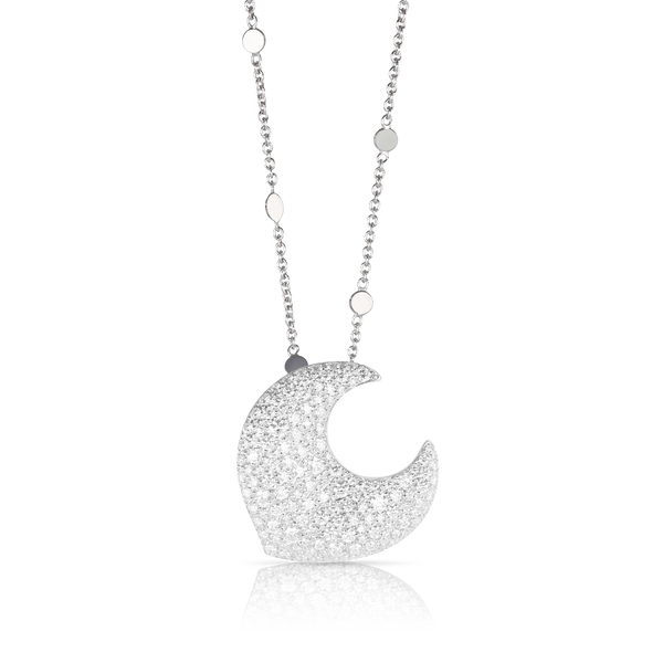 Necklace with moon pendant in 18k white gold and diamonds.